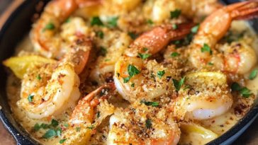 Crunchy baked shrimp in garlic butter sauce served on a platter