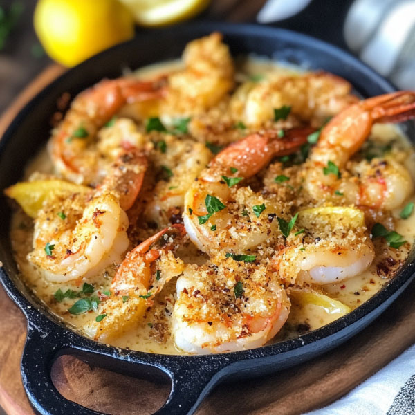Crunchy baked shrimp in garlic butter sauce served on a platter