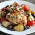 Mediterranean baked chicken with herbs, lemon, and roasted vegetables