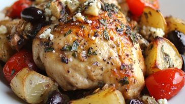 Mediterranean baked chicken with herbs, lemon, and roasted vegetables