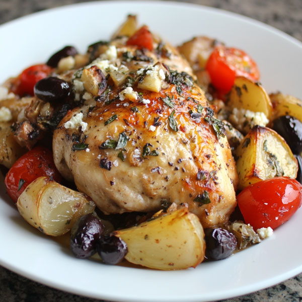 Mediterranean baked chicken with herbs, lemon, and roasted vegetables
