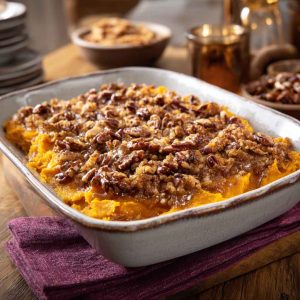 Sweet potato casserole with golden pecan topping in a baking dish, garnished with fresh herbs.