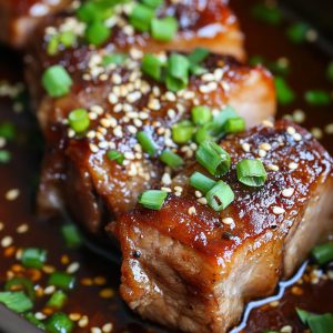 Tender slow cooker honey garlic pork belly glazed with sticky sweet sauce, served with sesame seeds and herbs.