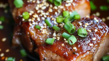 Tender slow cooker honey garlic pork belly glazed with sticky sweet sauce, served with sesame seeds and herbs.