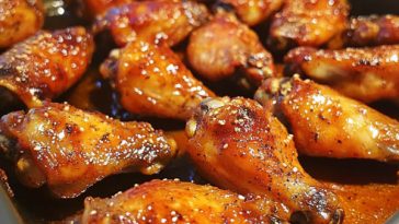 Golden baked chicken wings glazed with honey sriracha sauce and garnished with sesame seeds and green onions.