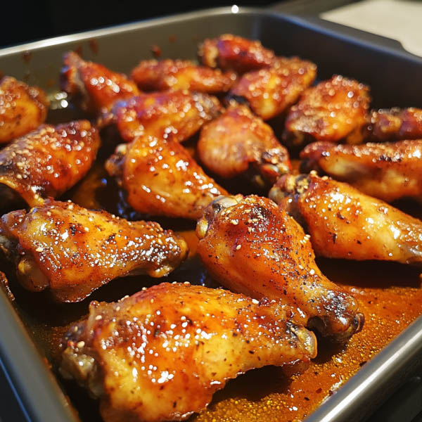 Golden baked chicken wings glazed with honey sriracha sauce and garnished with sesame seeds and green onions.