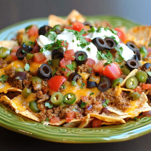Platter of loaded nachos topped with melted cheese, beef, beans, jalapeños, sour cream, and guacamole.
