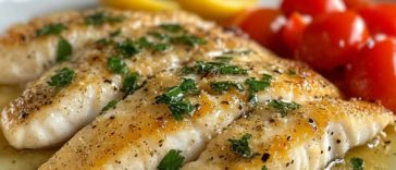 Fish fillet topped with creamy white wine sauce and herbs on a plate