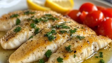 Fish fillet topped with creamy white wine sauce and herbs on a plate