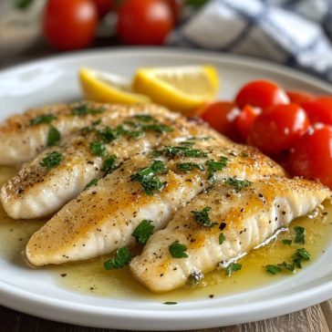 Fish fillet topped with creamy white wine sauce and herbs on a plate