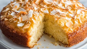 Freshly baked lemon coconut almond cake topped with powdered sugar and lemon zest