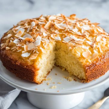 Freshly baked lemon coconut almond cake topped with powdered sugar and lemon zest