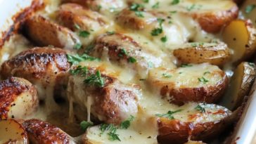 Sausage bake with potatoes covered in rich gravy on a baking dish