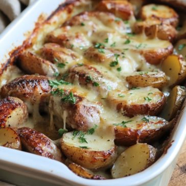Sausage bake with potatoes covered in rich gravy on a baking dish