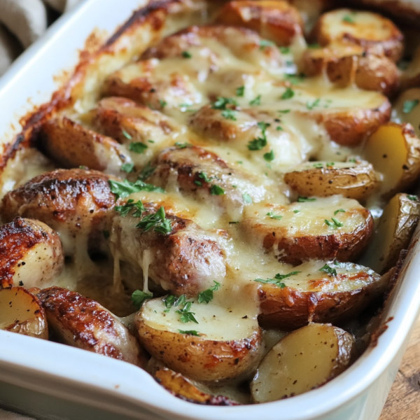 Sausage bake with potatoes covered in rich gravy on a baking dish