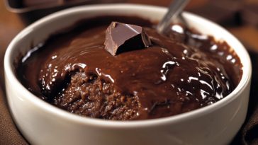 Chocolate self-saucing pudding with gooey chocolate sauce served in a bowl