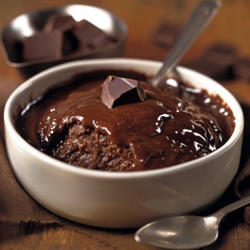 Chocolate self-saucing pudding with gooey chocolate sauce served in a bowl