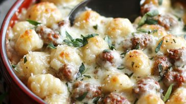 Bowl of creamy sausage gnocchi with spinach and parmesan
