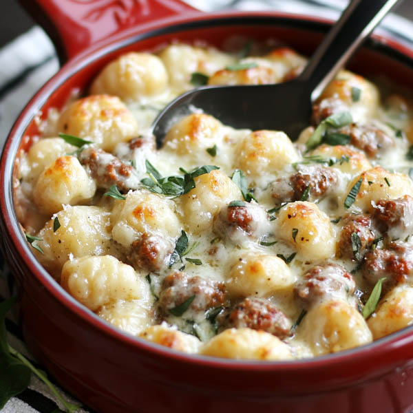 Bowl of creamy sausage gnocchi with spinach and parmesan