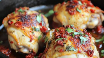 Skillet of chicken thighs in creamy sun-dried tomato sauce garnished with fresh herbs