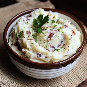Bowl of creamy garlic ranch mashed potatoes garnished with fresh herbs.