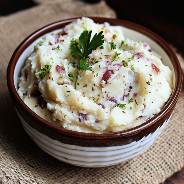Bowl of creamy garlic ranch mashed potatoes garnished with fresh herbs.