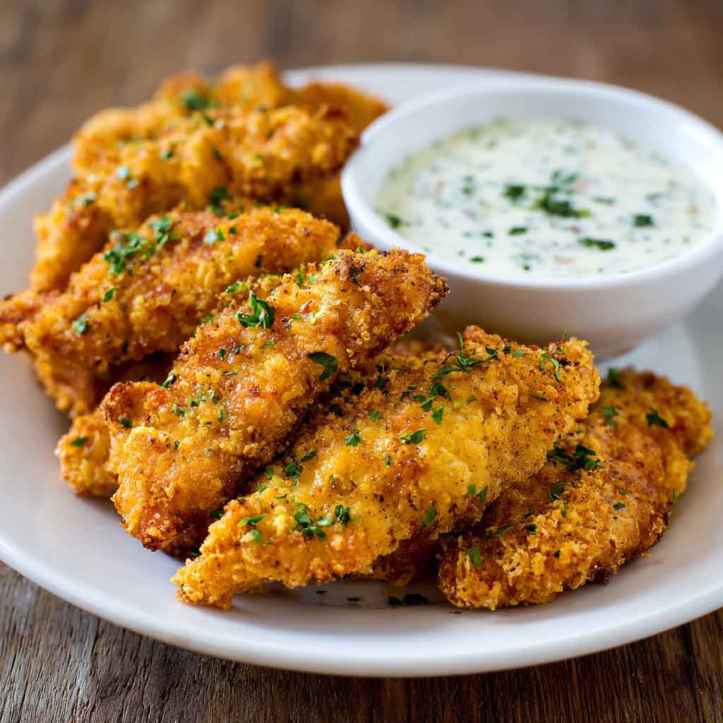 Crispy chicken tenders served with a bowl of Greek yogurt ranch dip.