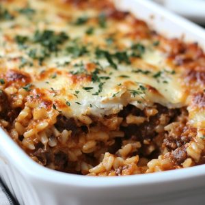 Easy moussaka risoni bake with layers of savory ground meat, eggplant, tomato, and cheesy pasta topping.