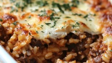 Easy moussaka risoni bake with layers of savory ground meat, eggplant, tomato, and cheesy pasta topping.