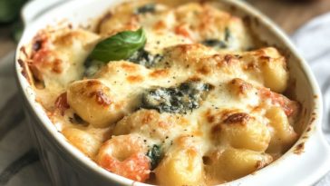 Creamy Tuscan gnocchi bake with golden cheese topping, sun-dried tomatoes, spinach, and tender gnocchi in a rich sauce.