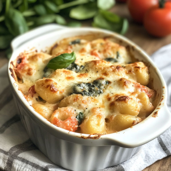 Creamy Tuscan gnocchi bake with golden cheese topping, sun-dried tomatoes, spinach, and tender gnocchi in a rich sauce.