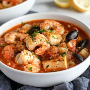 Bowl of cioppino seafood stew with shrimp, mussels, clams, and fish in tomato broth.