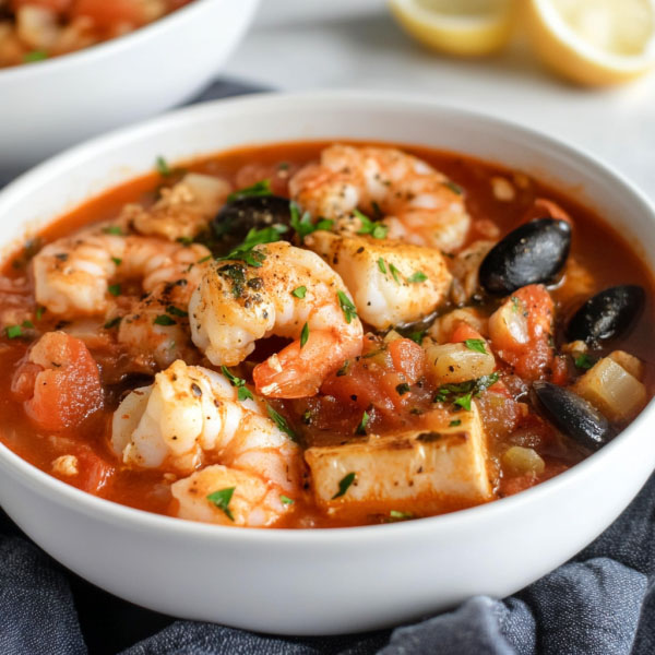 Bowl of cioppino seafood stew with shrimp, mussels, clams, and fish in tomato broth.