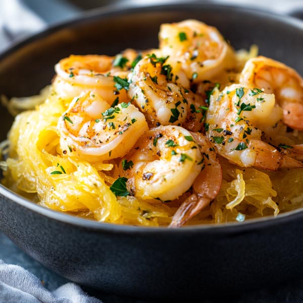 Shrimp scampi served over roasted spaghetti squash with garlic ranch butter sauce.