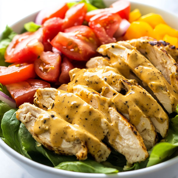 Bowl of honey mustard chicken salad with fresh greens, grilled chicken, and drizzled dressing.