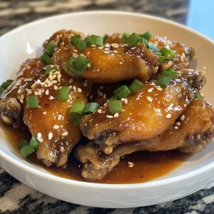 Sticky glazed chicken wings served on a platter with sesame seeds and green onions.