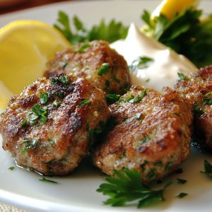 Golden-brown Greek-style spinach rissoles served with fresh herbs and tzatziki sauce.