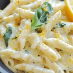 Creamy Meyer lemon pasta garnished with fresh parsley and lemon zest in a white bowl.