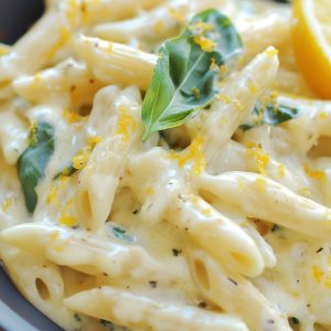 Creamy Meyer lemon pasta garnished with fresh parsley and lemon zest in a white bowl.