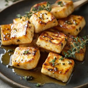 Golden pan-fried halloumi slices drizzled with honey and topped with fresh thyme