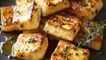 Golden pan-fried halloumi slices drizzled with honey and topped with fresh thyme