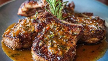 Seared lamb chops with rosemary gravy on a plate with mashed potatoes