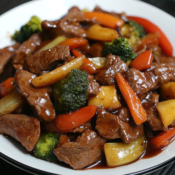 Beef stir fry with vegetables in honey pepper sauce served in a wok