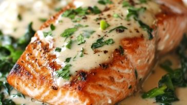 Pan-seared salmon fillets topped with creamy garlic sauce, garnished with fresh herbs.