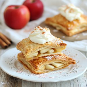 Golden flaky apple turnover with cinnamon apple filling and a creamy custard-filled option on the side.