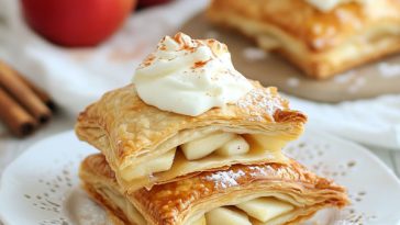 Golden flaky apple turnover with cinnamon apple filling and a creamy custard-filled option on the side.