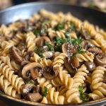 Mushroom pasta garnished with fresh herbs in a bowl