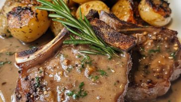 Lamb chops with rosemary gravy served on a plate with herbs