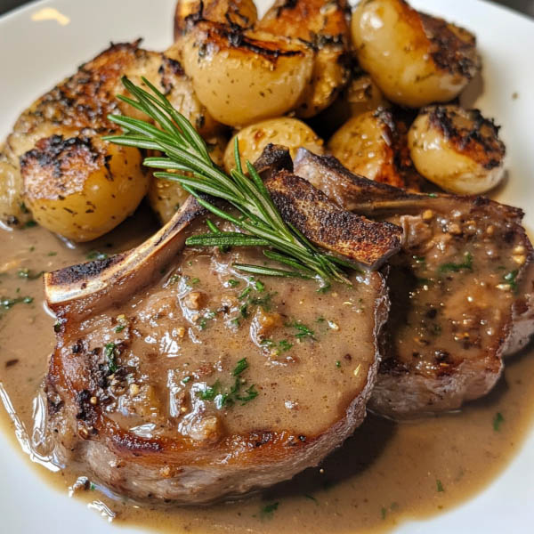Lamb chops with rosemary gravy served on a plate with herbs