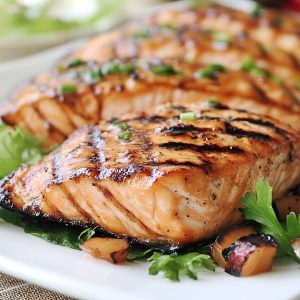 Grilled salmon fillet with herbs and lemon slices on a plate